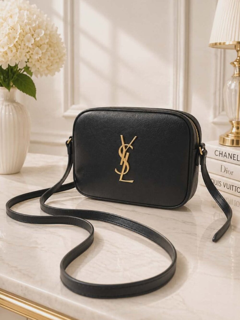 Authentic YSL Saint Laurent Lou Camera Bag Black Leather Gold Logo Crossbody